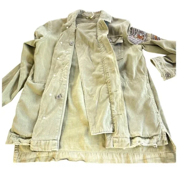 Free People Embellished Military Shirt Jacket Army Green Herringbone Jacket XS - Picture 5 of 8